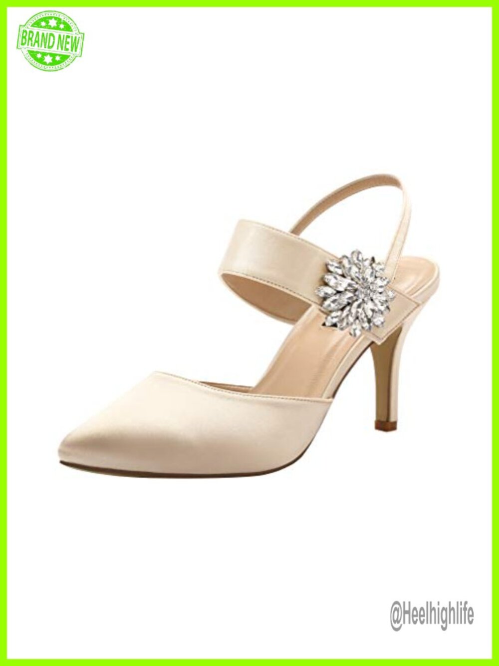 ERIJUNOR Mid Heel Slingback Satin Dress Pumps Rhinestone Brooch